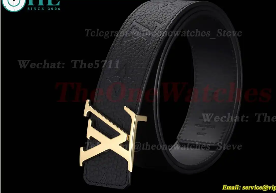 Yellow Gold LV Brass Buckle on Black Leather Belt 4.0cm