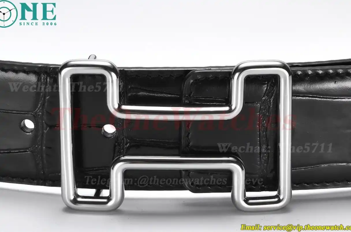 Silver Hermes SS Buckle on Black Black Leather Belt 3.8cm