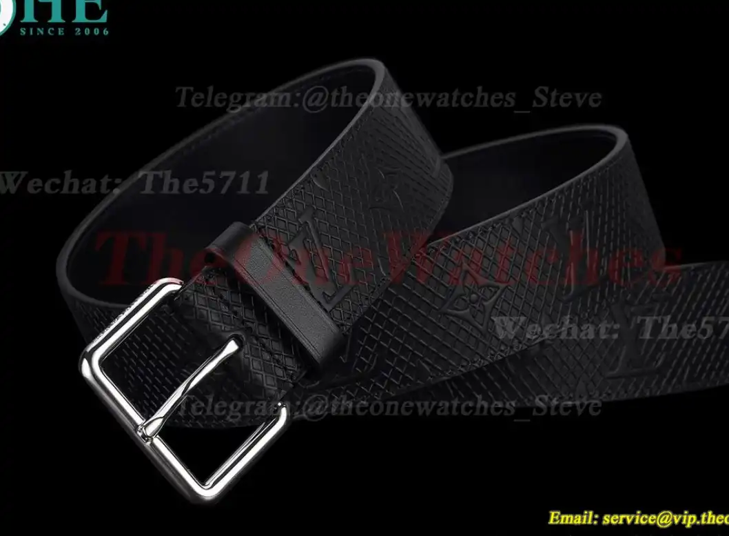 Silver LV Brass Buckle on Black Leather Belt 4.0cm