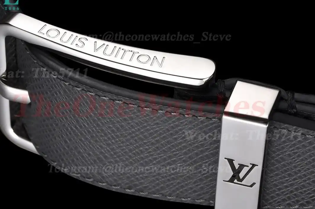 Silver LV SS Buckle on Black Leather Belt 3.5cm