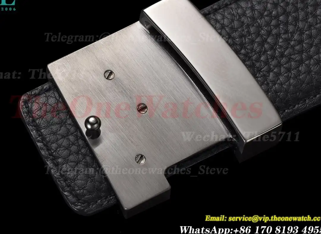 Bright Grey LV Brass Buckle on Black Leather Belt 4.0cm