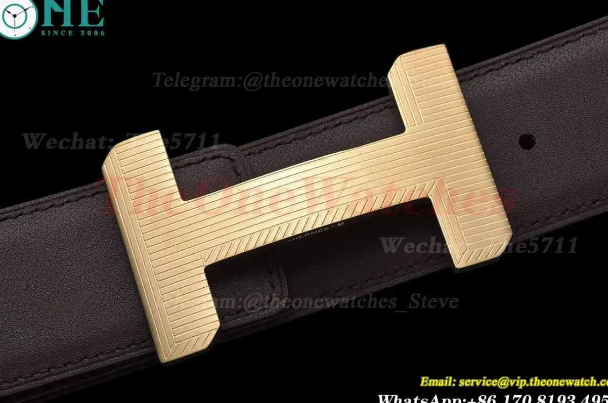 Yellow Gold Hermes SS Buckle on Brown Leather Belt 3.9cm