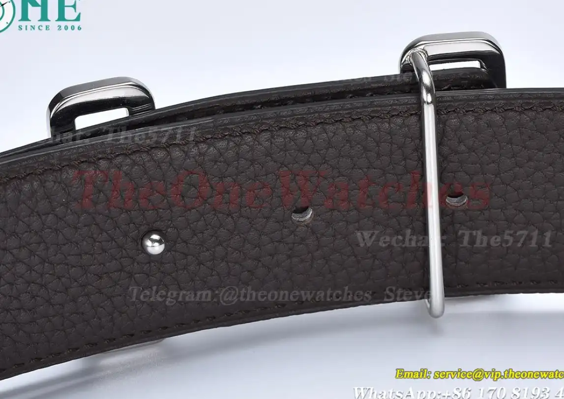 Silver Hermes SS Buckle on Black Leather Belt 3.8cm