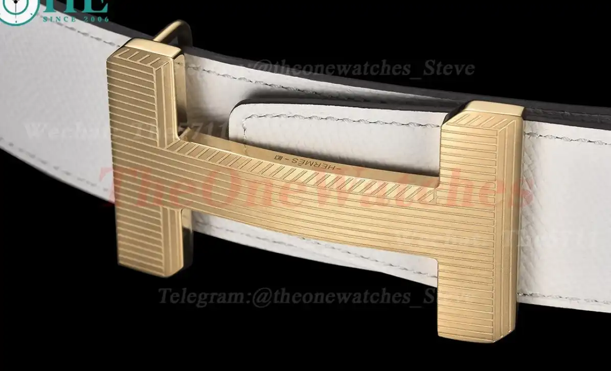 Yellow Gold Hermes SS Buckle on milky Leather Belt 3.8cm