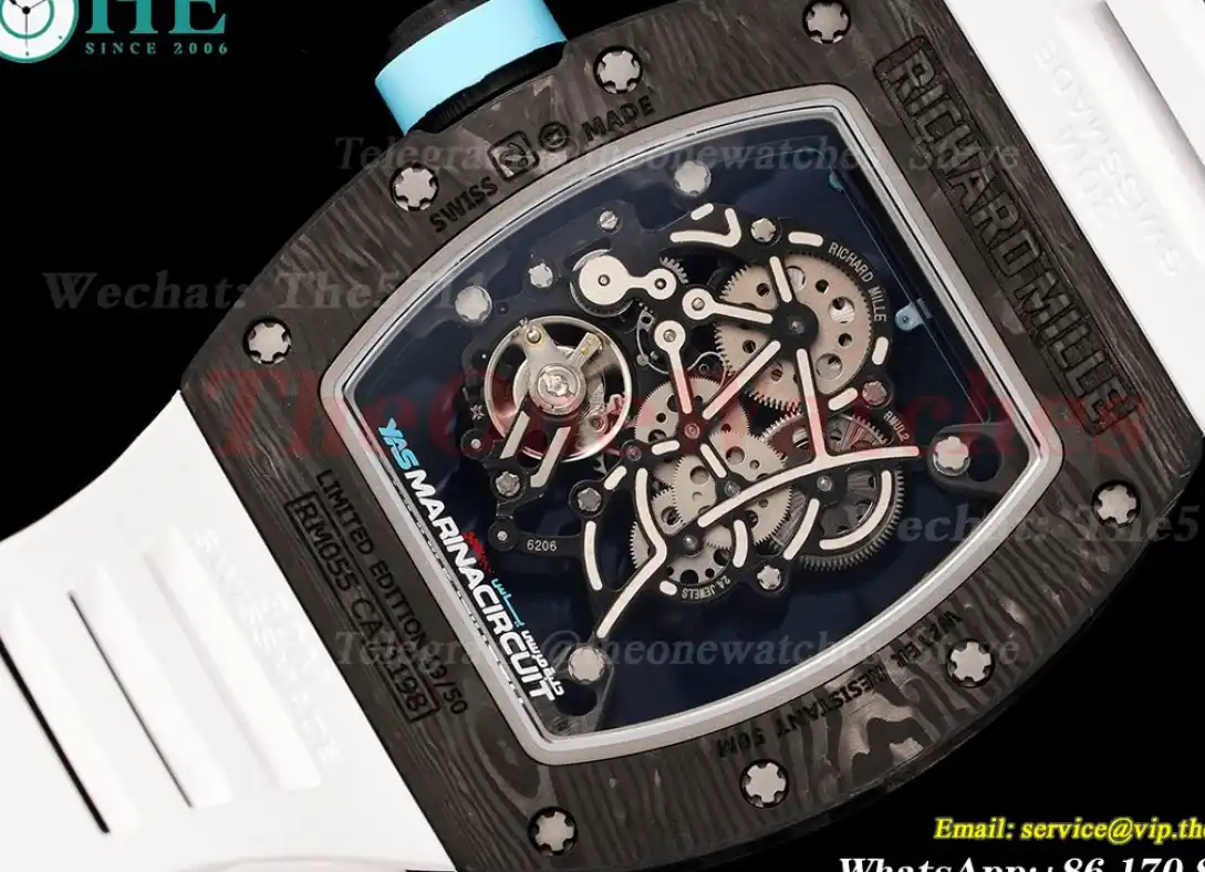 RM055 Real NTPT Skeleton Blue Dial On White Rubber Strap YSF RMUL2