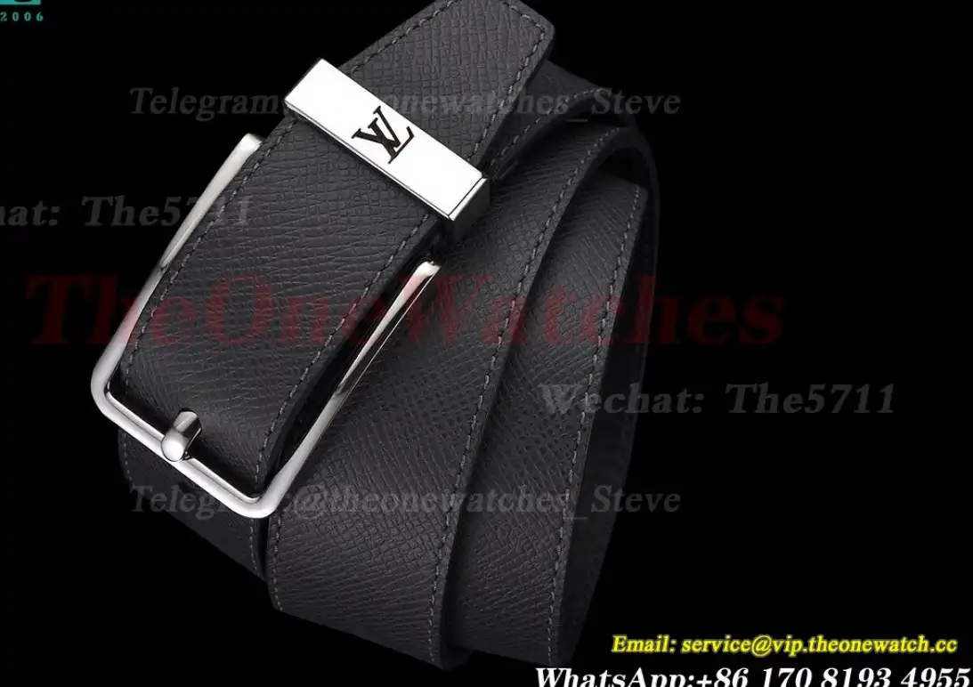 Silver LV SS Buckle on Black Leather Belt 3.5cm