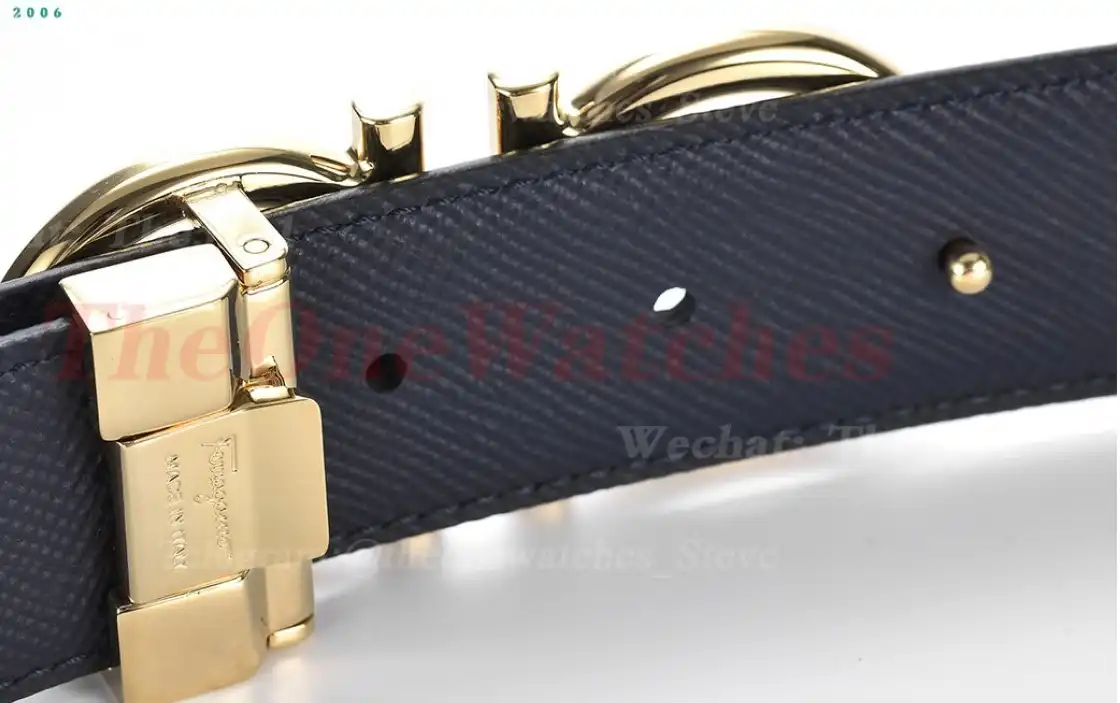 YG Brass Buckle on Black Blue Leather Belt 3.5cm