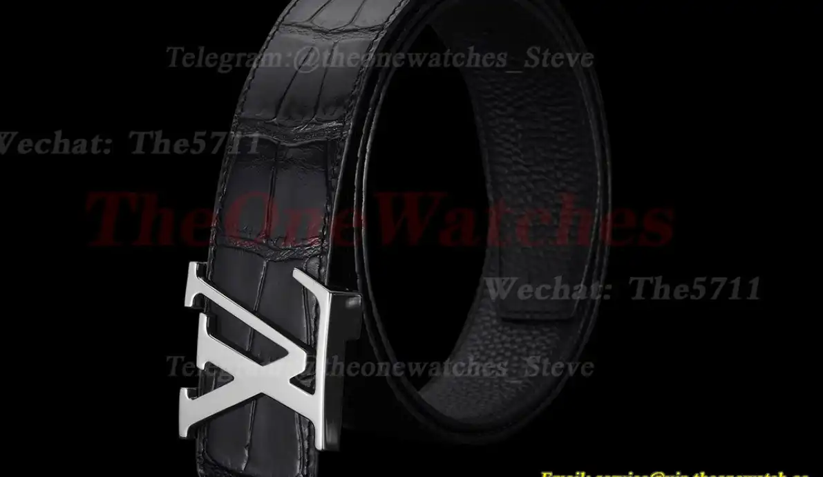 Silver LV Brass Buckle on Black Leather Belt 4.0cm