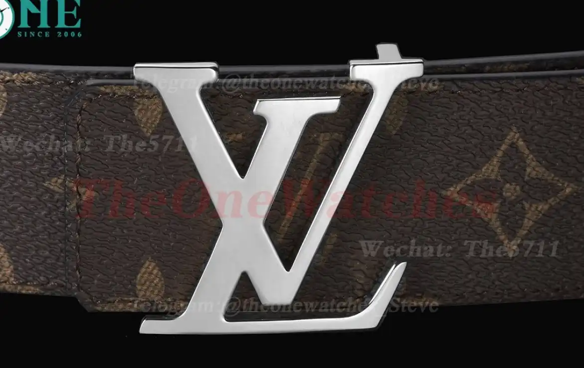 Silver LV Brass Buckle on Brown Leather Belt 4.0cm