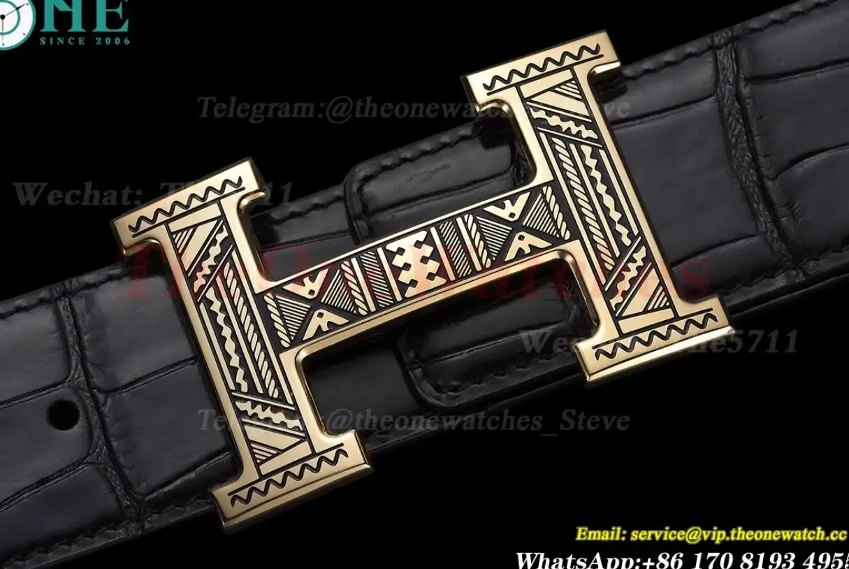 YG Hermes SS Buckle on Black Leather Belt 3.8cm