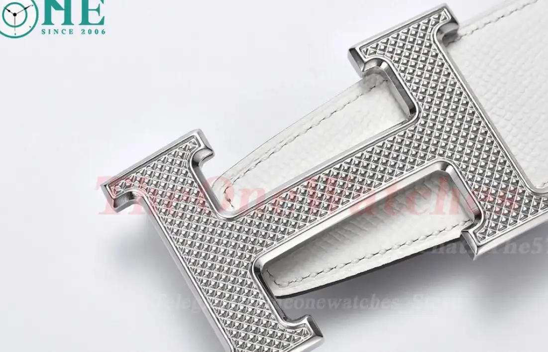 Silver Hermes SS Buckle on White Black Leather Belt 3.8cm