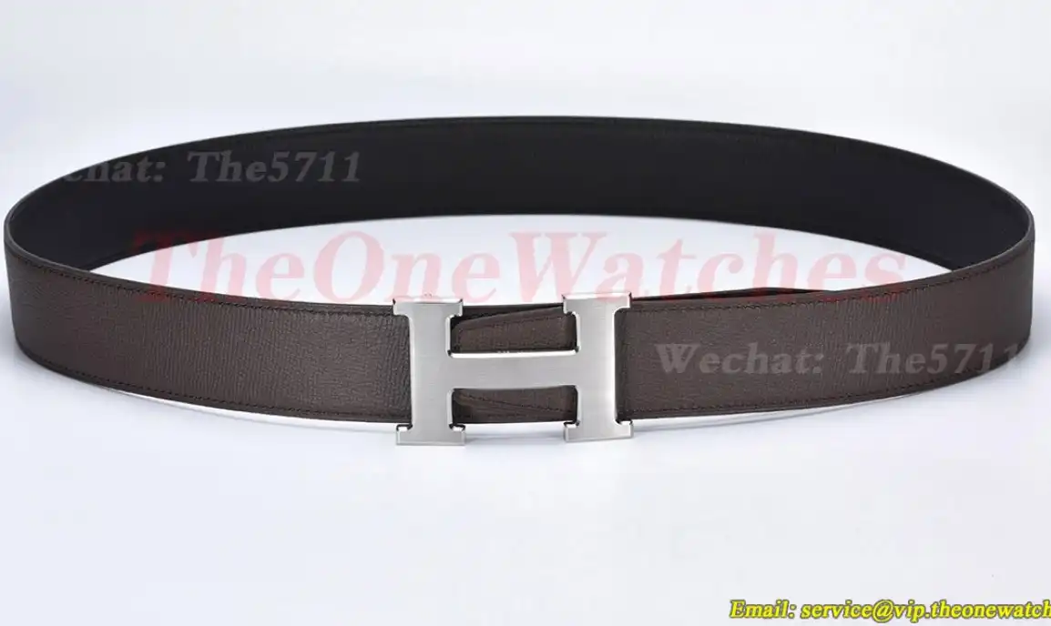 Silver Hermes SS Buckle on Brownish Black Leather Belt 3.8cm