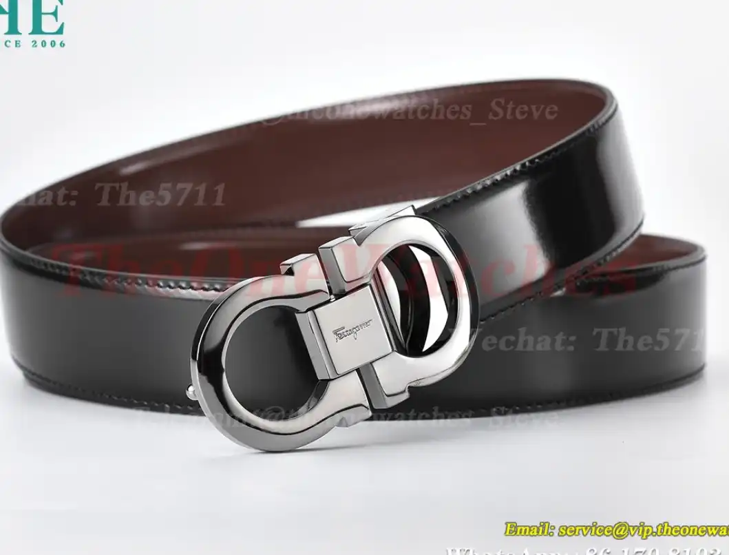 Bright Grey Brass Buckle on Black Brown Leather Belt 3.5cm