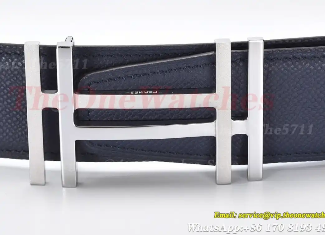 Silver Hermes SS Buckle on Blue Black Leather Belt 3.8cm