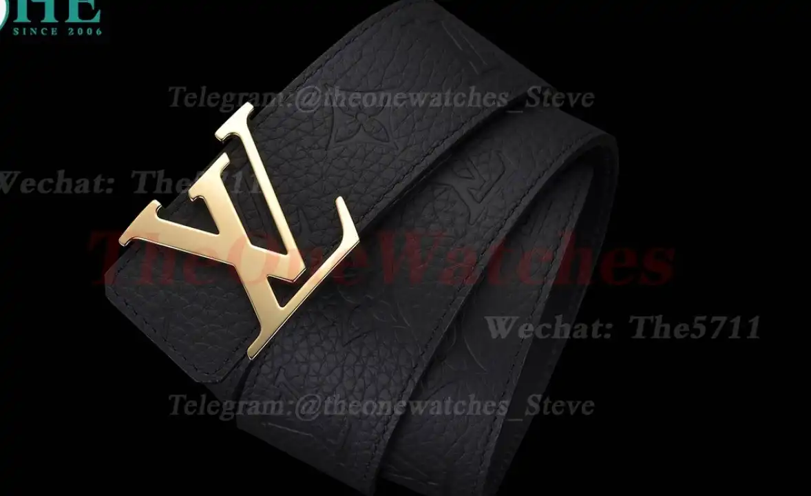 Yellow Gold LV Brass Buckle on Black Leather Belt 4.0cm