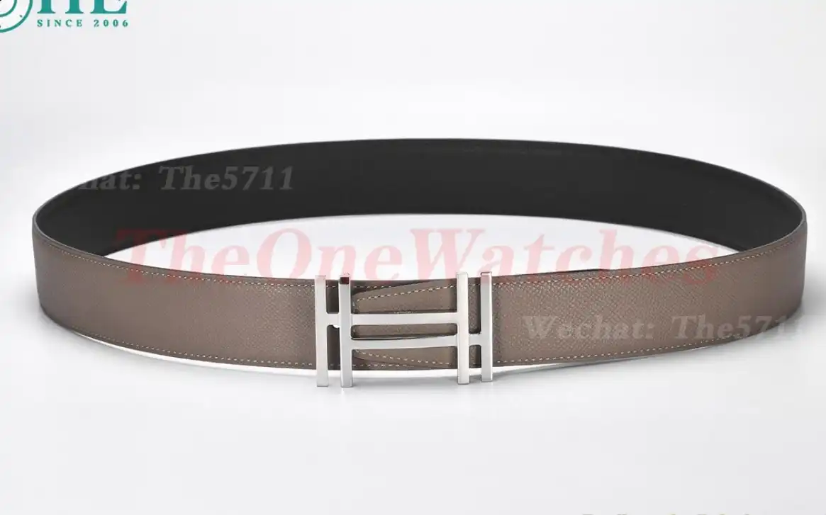 Silver Hermes SS Buckle on Apricot Black Leather Belt 3.8cm