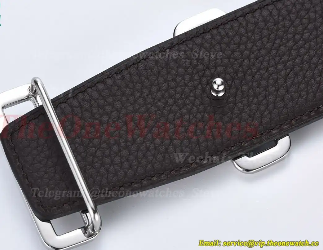 Silver Hermes SS Buckle on Black Leather Belt 3.8cm