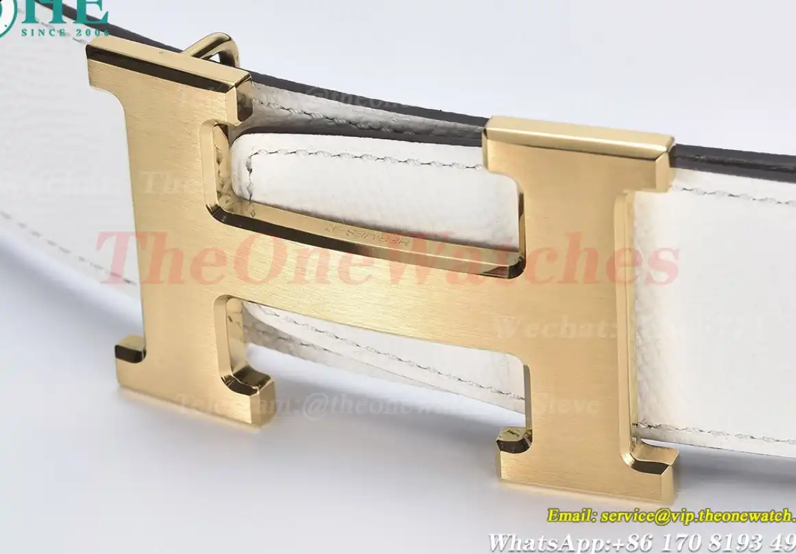 YG Hermes SS Buckle on White Black Leather Belt 3.8cm