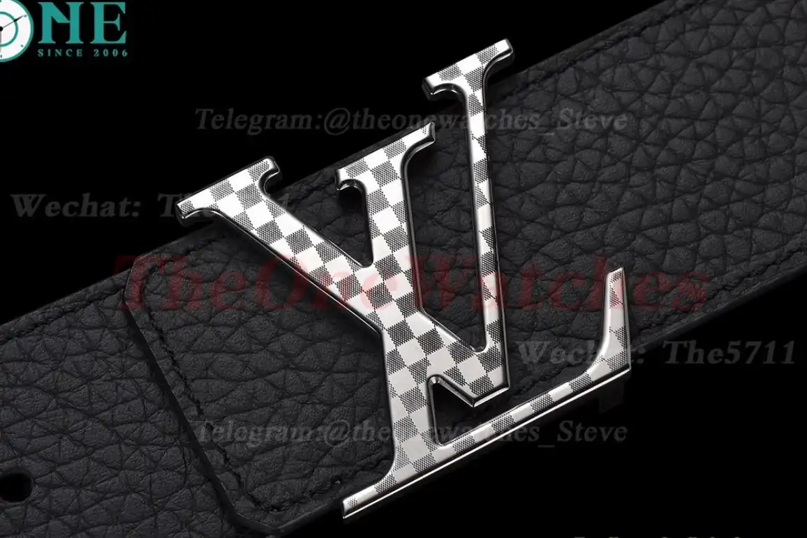 Silver Stamp LV Brass Buckle on Black Leather Belt 4.0cm