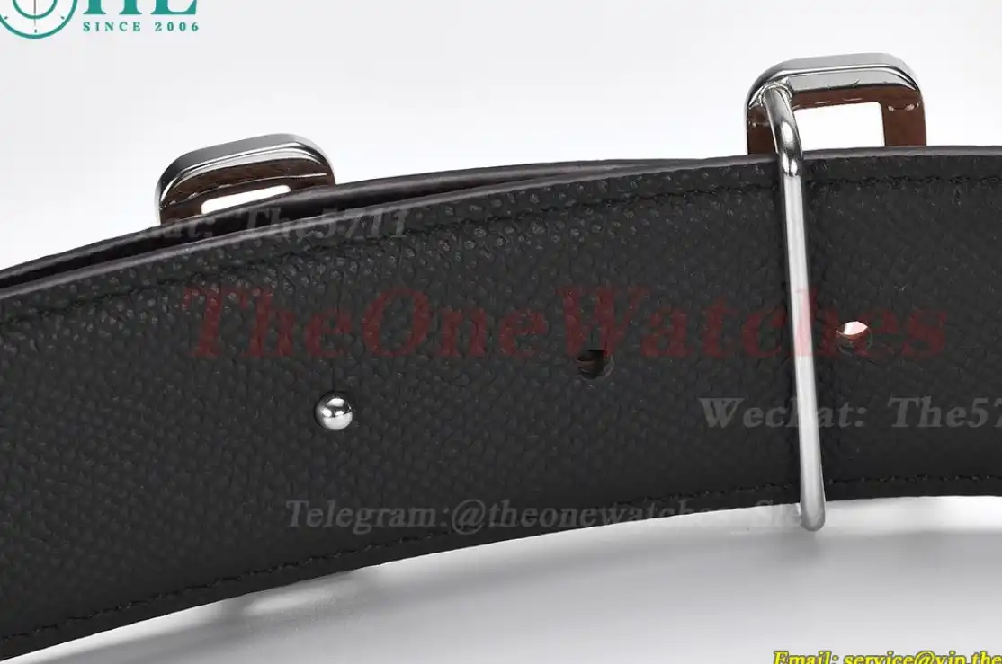 Silver Hermes SS Buckle on Brown Black Leather Belt 3.8cm