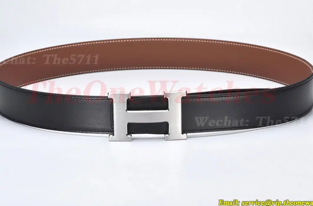 Silver Hermes SS Buckle on Brown Black Leather Belt 3.8cm