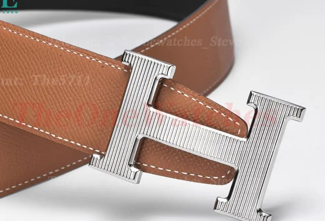 Silver Hermes SS Buckle on Brown Black Leather Belt 3.8cm