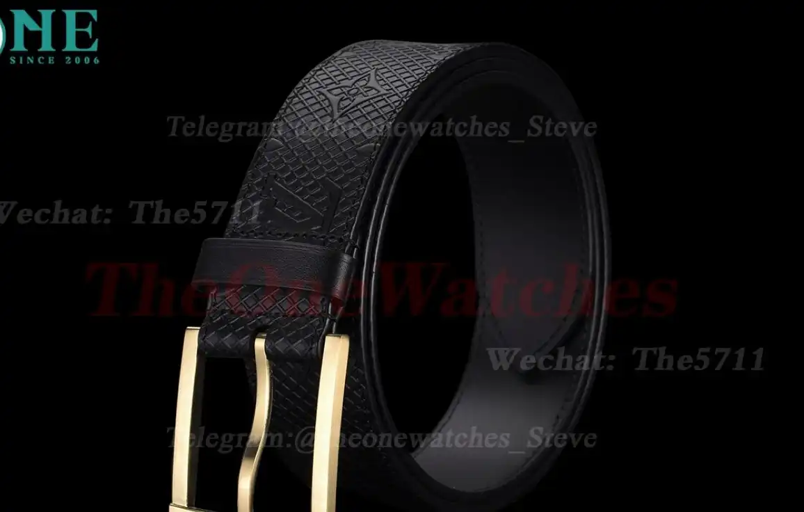 Yellow Gold LV Brass Buckle on Black Leather Belt 4.0cm