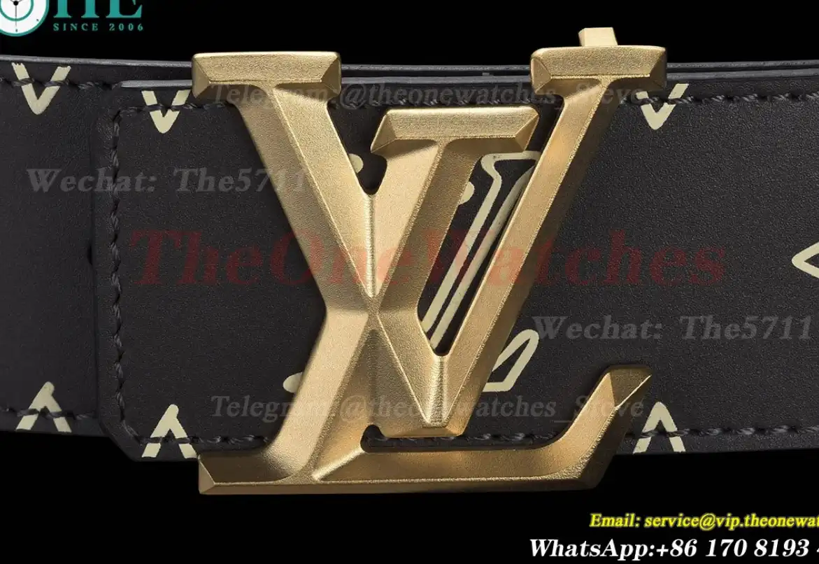 Yellow Gold LV Brass Buckle on Black Leather Belt 4.0cm