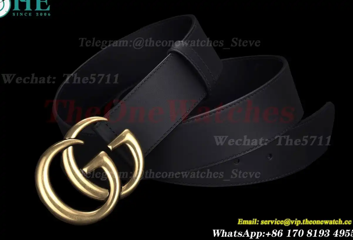 Gold Double G Buckle on Black Leather Belt 4.0cm