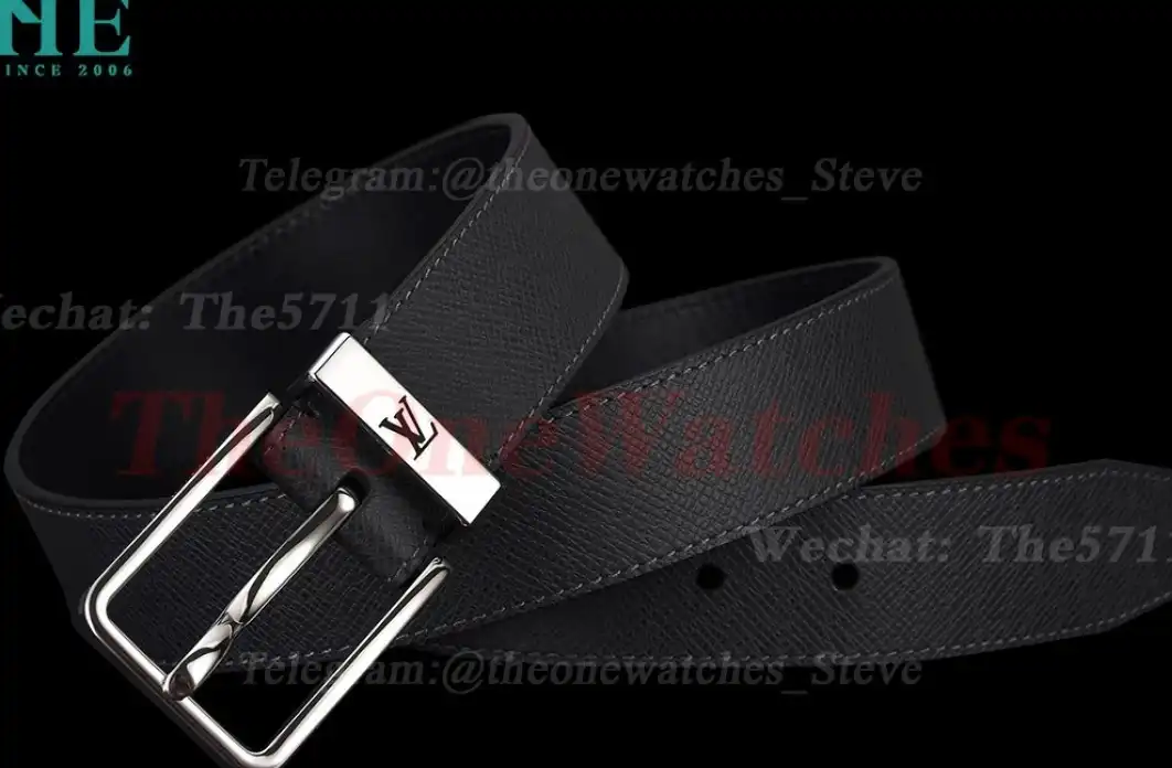 Silver LV SS Buckle on Black Leather Belt 3.5cm