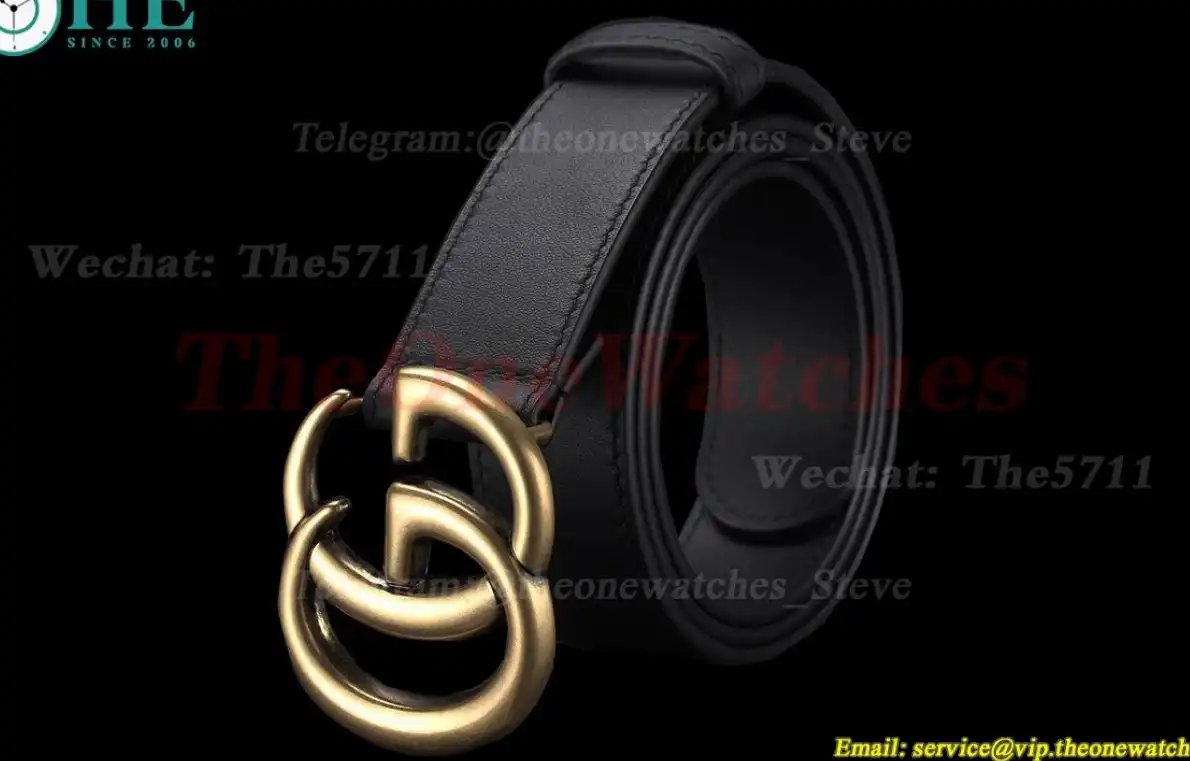 Gold Double G Buckle on Black Leather Belt 3.0cm