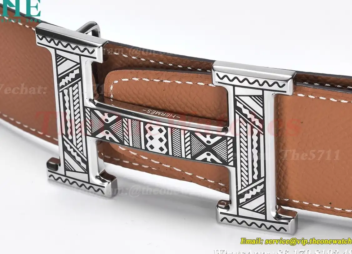 Silver Hermes SS Buckle on Brown Black Leather Belt 3.8cm