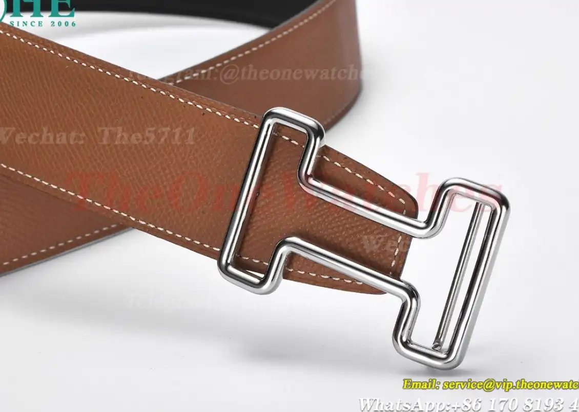 Silver Hermes SS Buckle on Brown Black Leather Belt 3.8cm