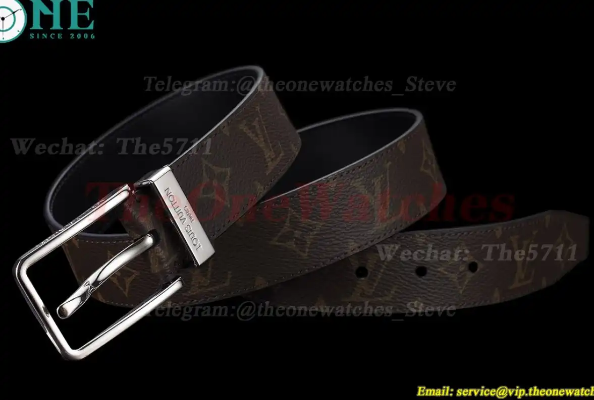 Silver LV SS Buckle on Brown Leather Belt 3.5cm