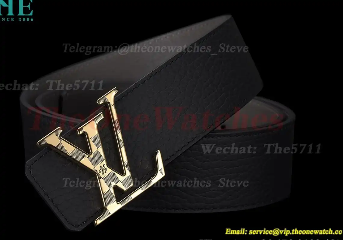 Yellow Gold Stamp LV Brass Buckle on Black Leather Belt 4.0cm