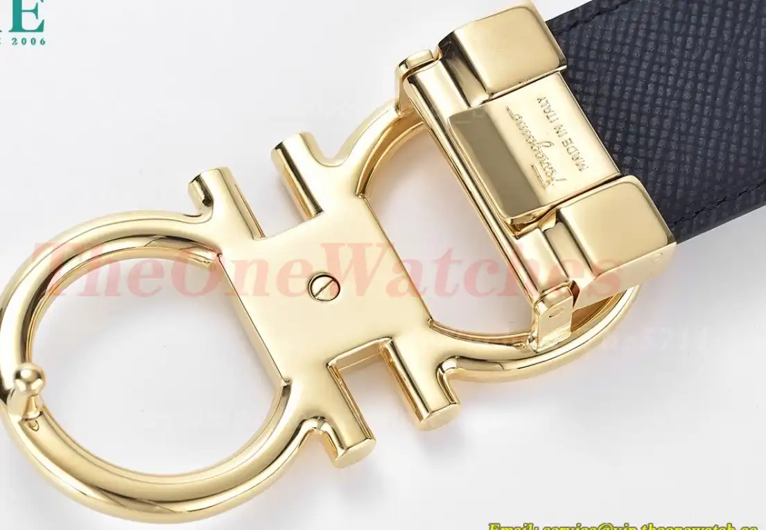 YG Brass Buckle on Black Blue Leather Belt 3.5cm