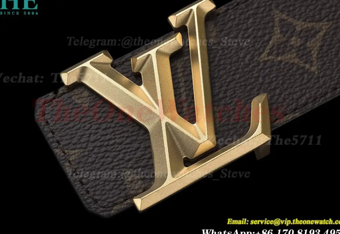 Yellow Gold LV Brass Buckle on Brown Leather Belt 4.0cm