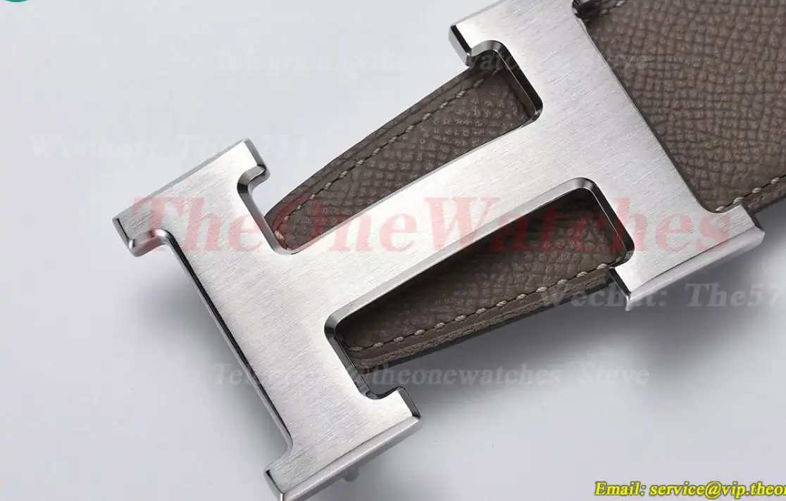 Silver Hermes SS Buckle on Apricot Black Leather Belt 3.8cm