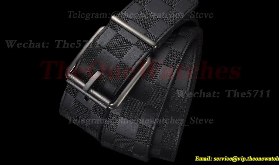 Bright Grey LV Brass Buckle on Black Grey Leather Belt 4.0cm