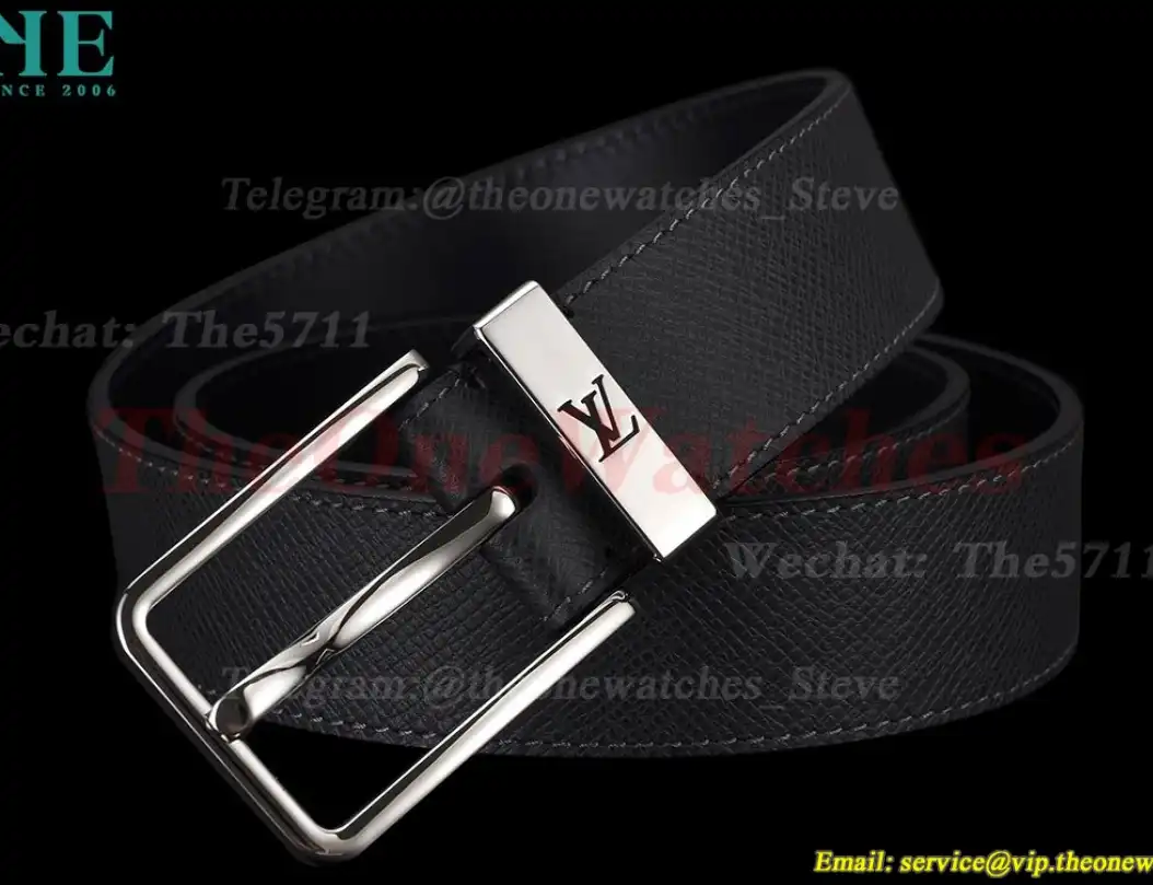 Silver LV SS Buckle on Black Leather Belt 3.5cm