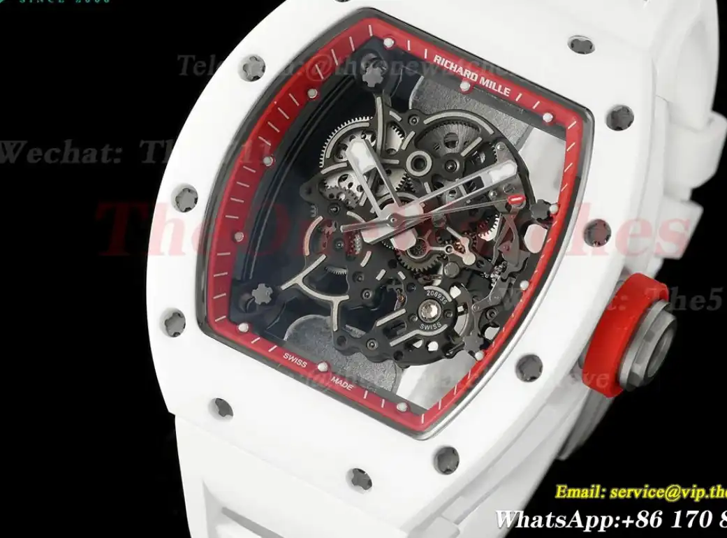 RM055 White Ceramic Red Skeleton Dial On White Rubber Strap T+F RMUL2