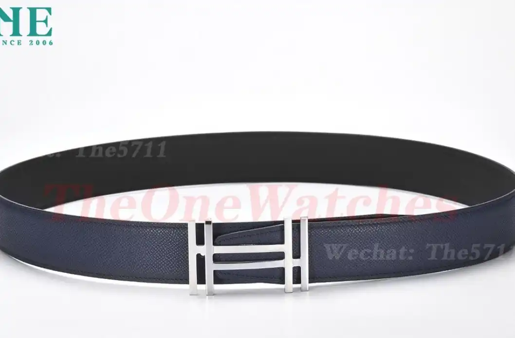 Silver Hermes SS Buckle on Blue Black Leather Belt 3.8cm