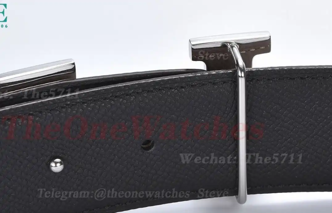 Silver Hermes SS Buckle on apricot Black Leather Belt 3.8cm