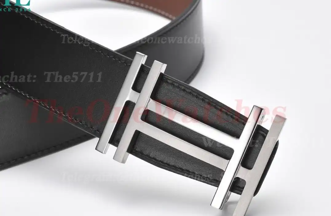 Silver Hermes SS Buckle on Brown Black Leather Belt 3.8cm