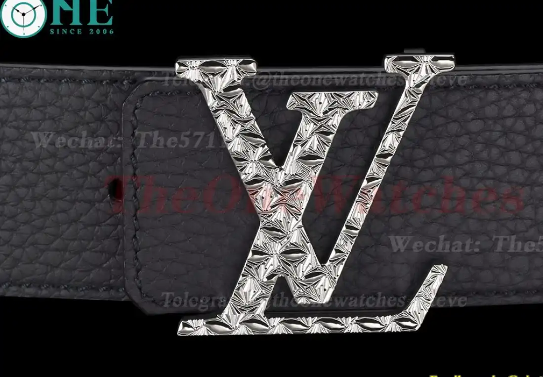 Engraved LV Brass Buckle on Black Leather Belt 4.0cm