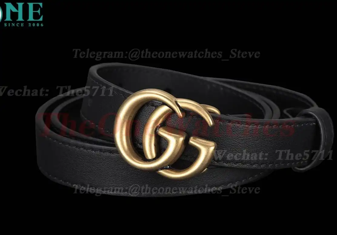 Gold Double G Buckle on Black Leather Belt 2.0cm