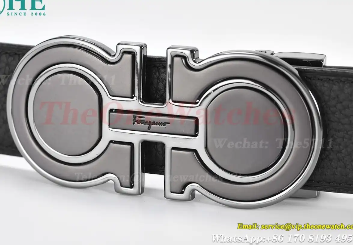 Bright Grey Brass Buckle on Black Black Leather Belt 3.5cm