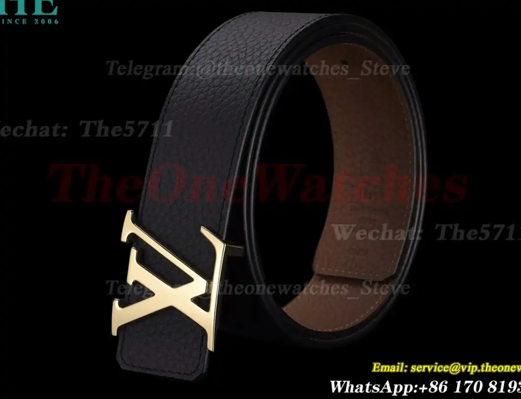 Yellow Gold LV Brass Buckle on Black Leather Belt 4.0cm