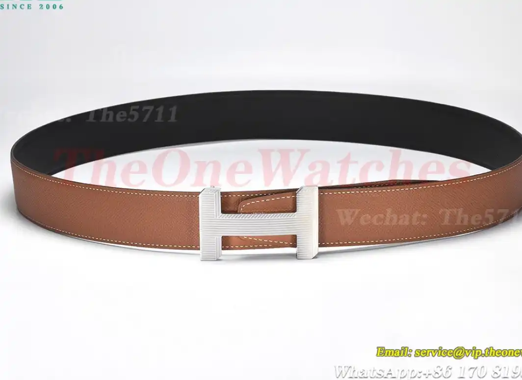 Silver Hermes SS Buckle on Black Brown Leather Belt 3.8cm