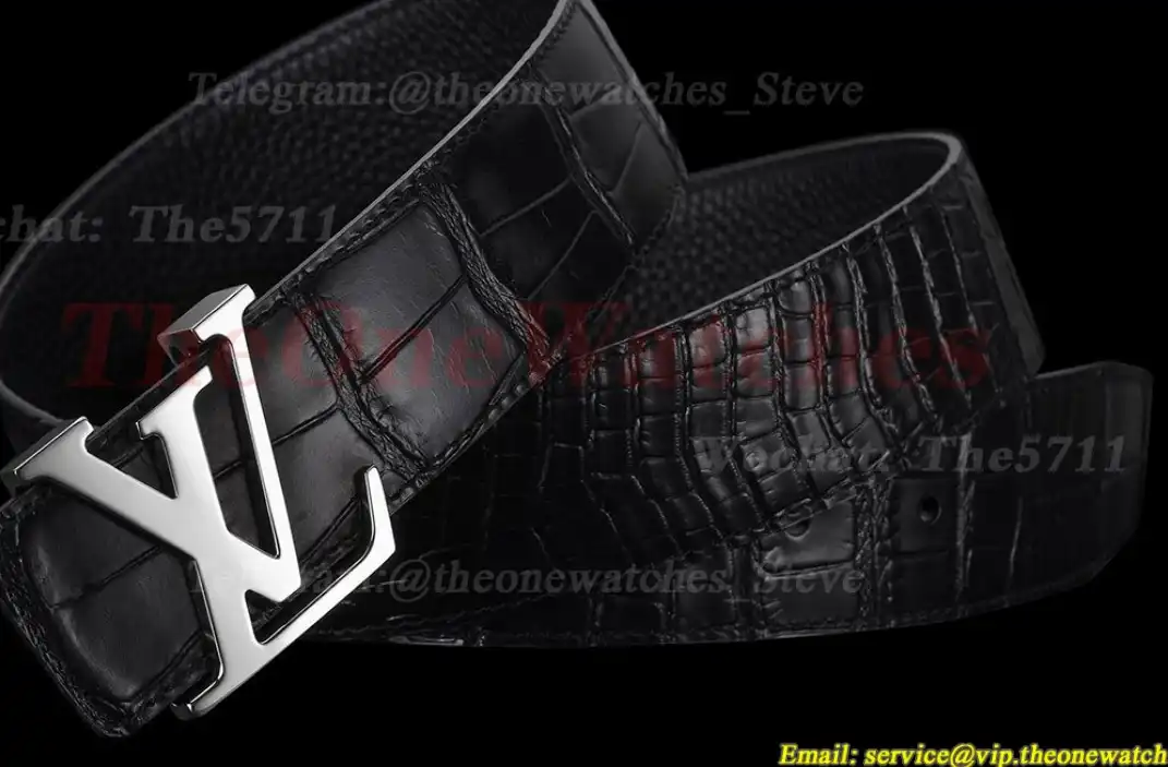 Silver LV Brass Buckle on Black Leather Belt 4.0cm